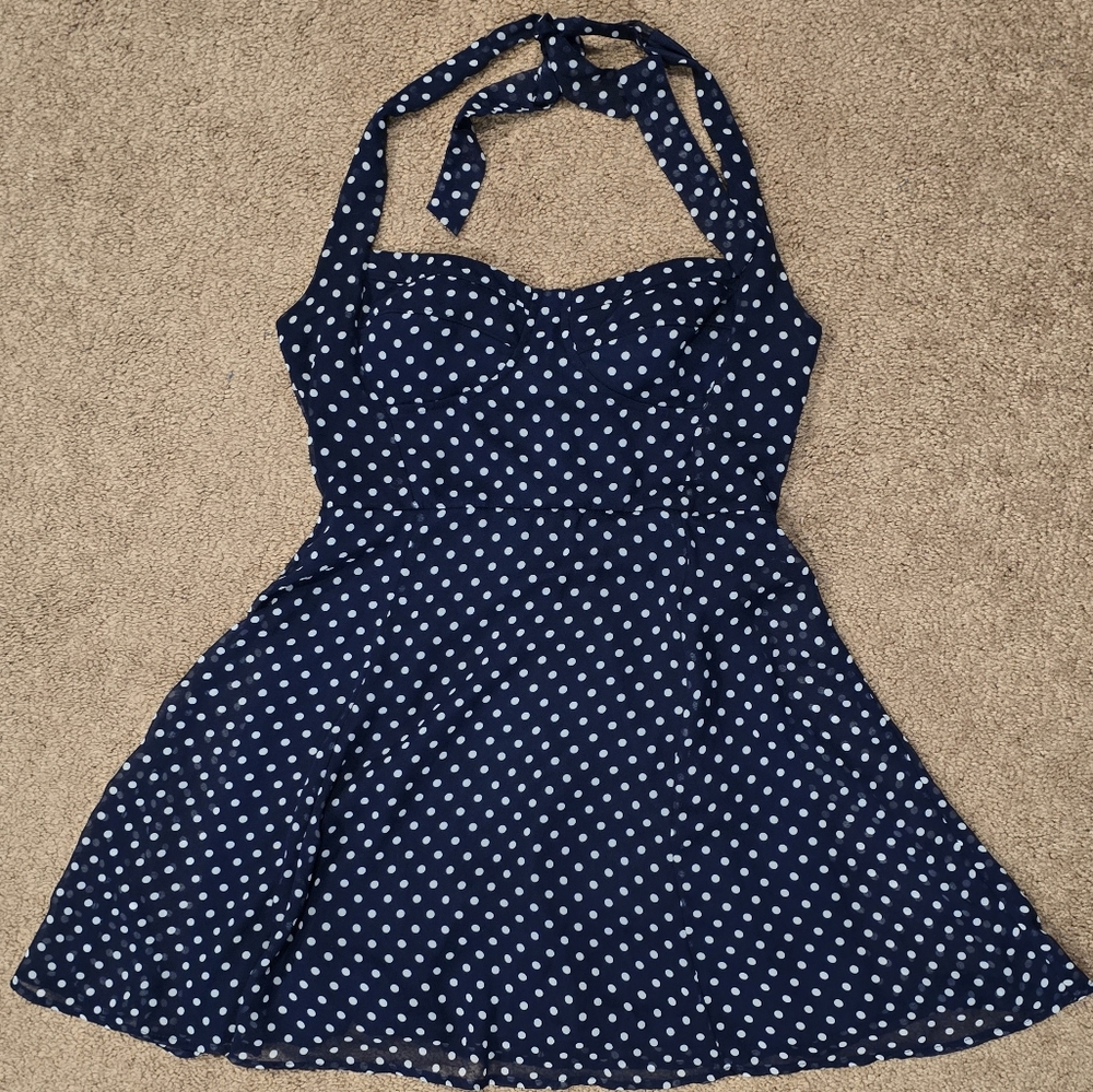 *SOLD* Forever 21 Dark Navy Blue and White Polkadot Halter Dress Medium
